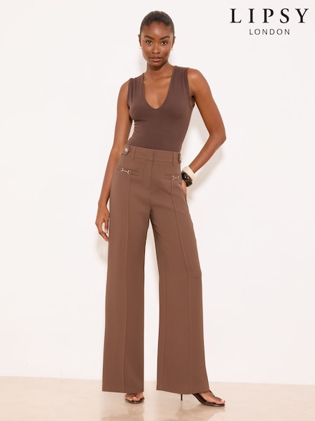 Brown - Lipsy Welt Pocket Tailored Wide Leg Trousers
