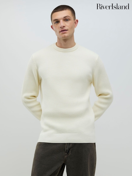 River Island Cream Slim Fit Crew Neck Waffle Knit Jumper (V40789) | £32