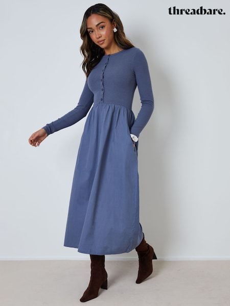 Threadbare Light Blue 2-in-1 Jersey Poplin Mix Button Down Dress (V40856) | £36