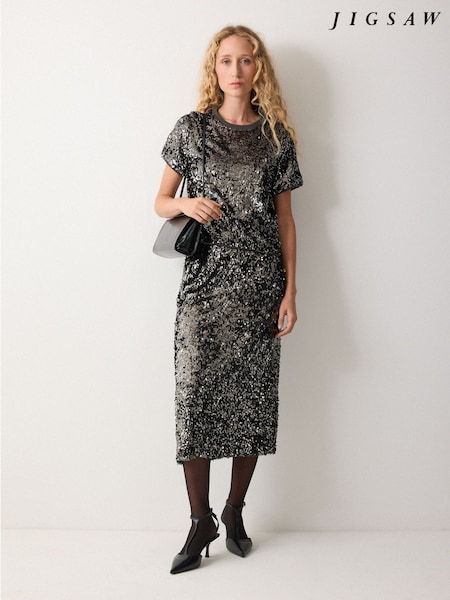 Jigsaw Silver Metallic Sequin T-shirt (V40882) | £120