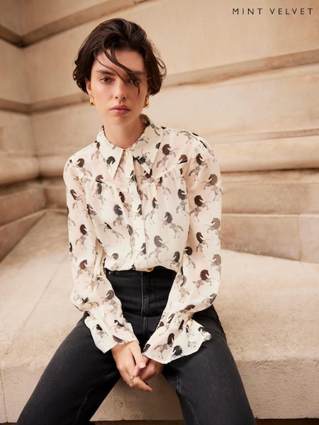 Mint Velvet Cream Horse Print Sheer Blouse (V41068) | £89