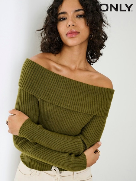 ONLY Green Off Shoulder Bardot Knitted Jumper (V41137) | £28