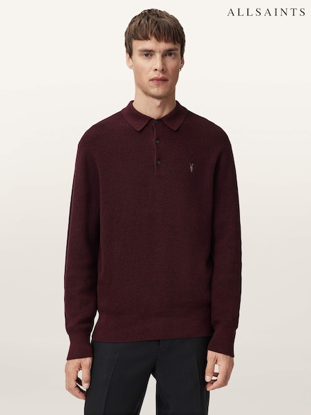 AllSaints Red Aspen Long Sleeve Polo Jumper (V41439) | £109