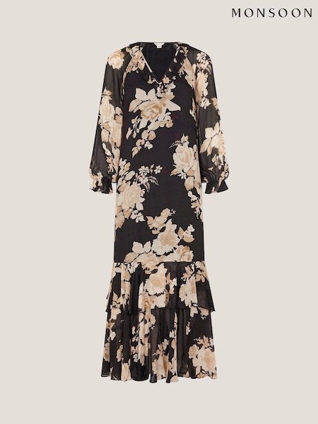 Monsoon Black Rowena Floral Print Ruffle Maxi Dress (V41644) | £130