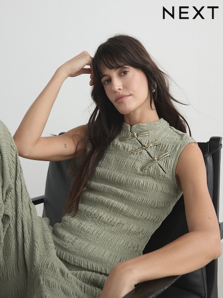 Sage Green - Short Sleeved Textured Knot Fastening Top