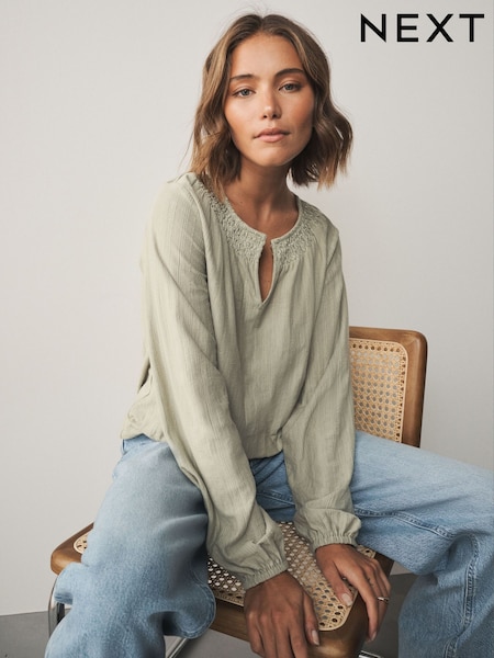 Sage Green - Long Sleeve Notch Neck Top