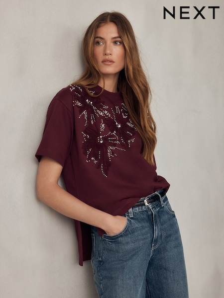 Wine - Short Sleeve Floral Embellished T-shirt