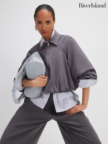 River Island Grey Long Sleeve Suedette Bomber Jacket (V42166) | £49