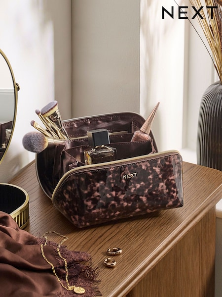 Chocolate Brown Tortoise - Fold Out Multi Section Makeup Bag