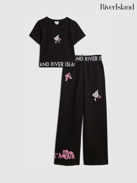 River Island Black Grafitti Waistband Crop Top & Wide Leg Joggers Set (V42889) | £24
