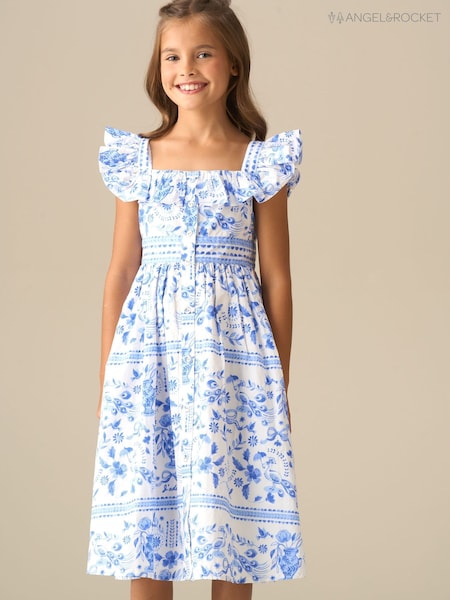 Angel & Rocket Blue Ellery Print Ruffle Sleeve Dress (V43097) | £36 - £40
