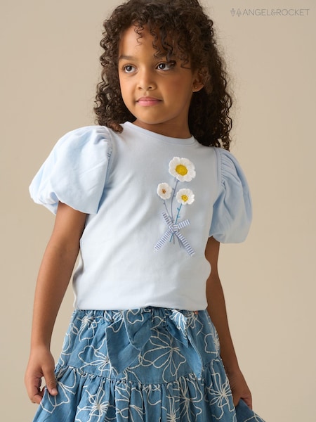Angel & Rocket Blue Daisy Flower Embroidered Puff Sleeve T-Shirts (V43107) | £16 - £20