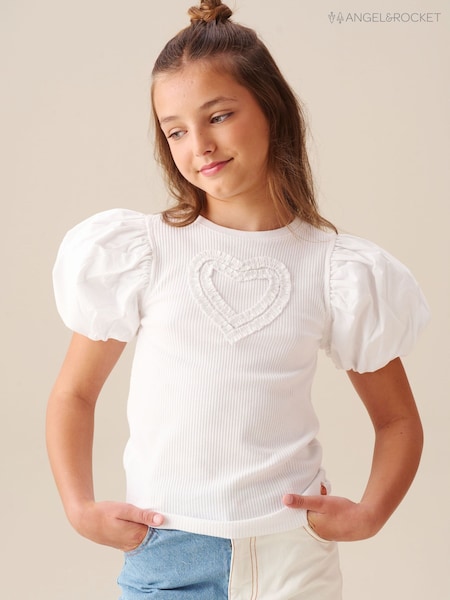 Angel & Rocket White Eve Ruffle Heart Puff Sleeve T-Shirt (V43128) | £16 - £20