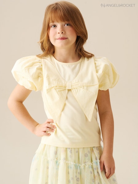 Angel & Rocket Yellow Tilly Bow Collar Puff Sleeve T-Shirt (V43160) | £16 - £20