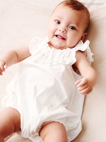 Angel & Rocket White Mila Daisy Embroidered Frill Rompersuits (V43162) | £26