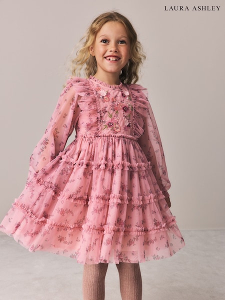 Pink - Embroided Mesh Tiered Floral Dress