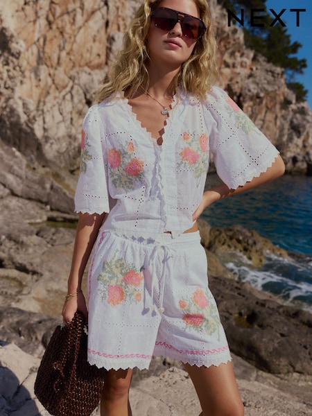 White - Floral Cross Stitch Broderie Shorts