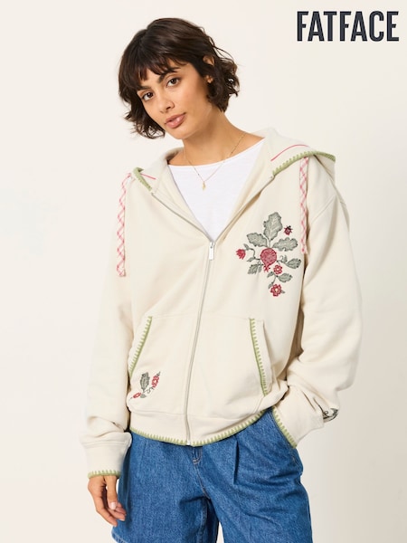 Ivory - Fatface Embroidered Zip Through Hoodie