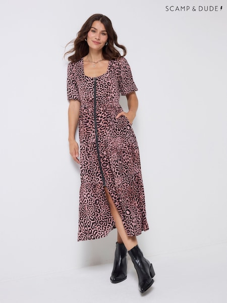 SCAMP & DUDE Nude Cheetah Zip Front Square Neck Midi Tiered Dress (V44619) | £120