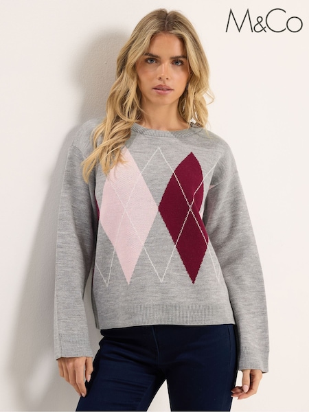 M&Co Grey Petite Placement Argyle Jumper (V44962) | £36