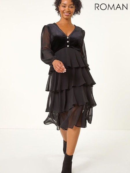 Roman Black Ground Petite Velvet Bodice Layered Dress (V45057) | £75