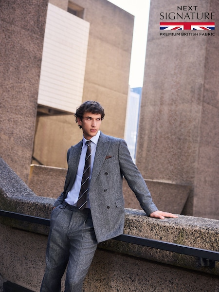 Charcoal Grey - Regular Signature Double Breasted Tailored Fit Moons British Wool Rich Herringbone Suit Jacket