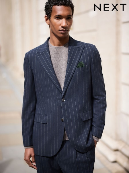 Navy - Regular Tailored Fit Stripe With Wool Suit Jacket