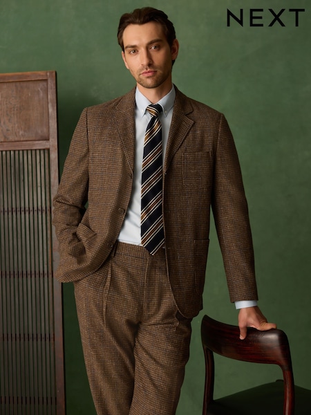Brown - Regular Relaxed Fit Textured Check Suit Jacket With Wool