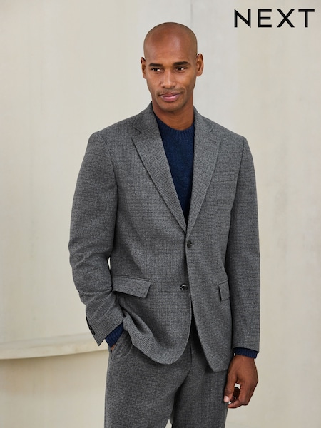 Grey - Regular Regular Fit Wool Blend Textured Check Suit Jacket