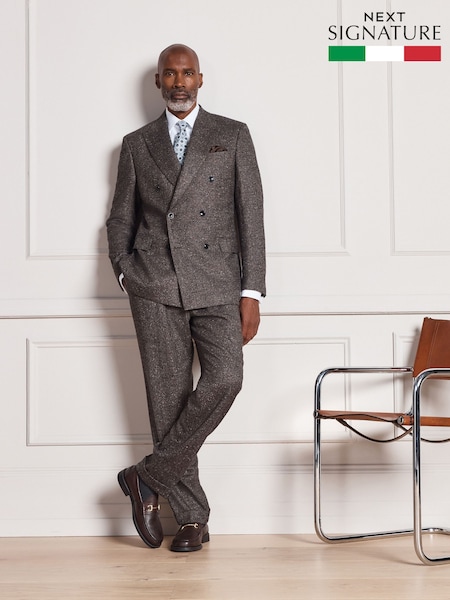 Brown - Regular Signature Double Breasted Tailored Fit Zignone Italian Wool Silk Textured Suit Jacket