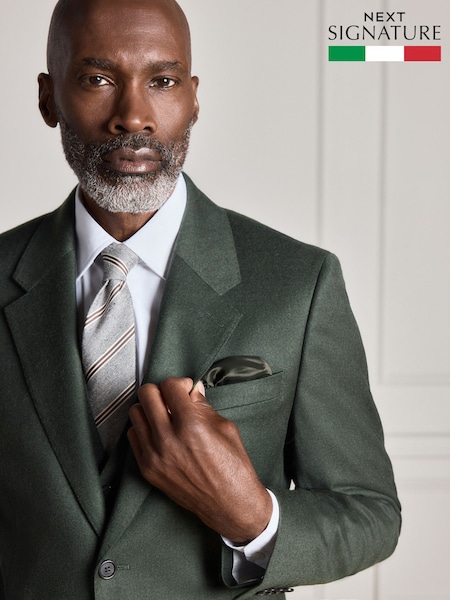 Green - Regular Signature Slim Fit Zignone Italian Wool Cashmere Flannel Suit Jacket