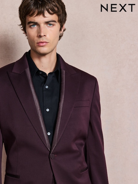 Burgundy Red - Regular Slim Fit Satin Lapel Insert Tuxedo Suit Jacket