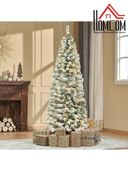 Homcom 6ft Prelit Snow Flocked Artificial Christmas Tree With Led Lights