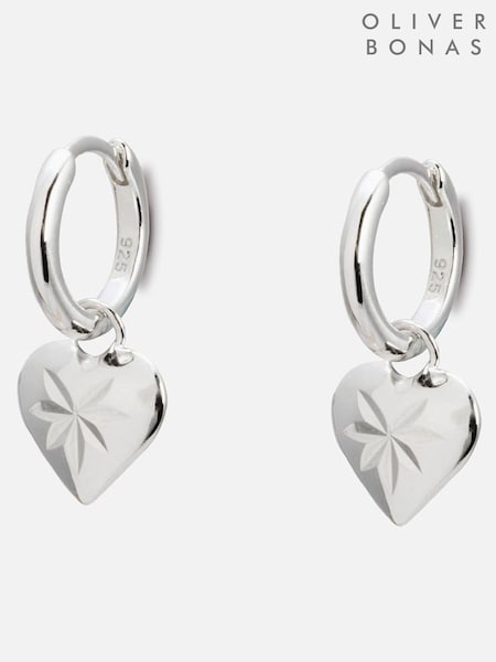 Oliver Bonas Sterling Silver Cora Engraved Heart Charm Hoop Drop Earrings (V45583) | £45