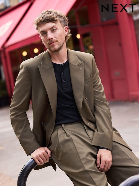 Green - Regular Double Breasted Tailored Fit Twill Suit Jacket