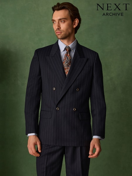 Navy - Regular Double Breasted Relaxed Fit Archive Wool Blend Striped Suit Jacket