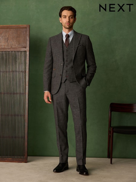 Charcoal Grey - Regular Tailored Fit Trimmed Dogtooth Wool Blend Suit Jacket