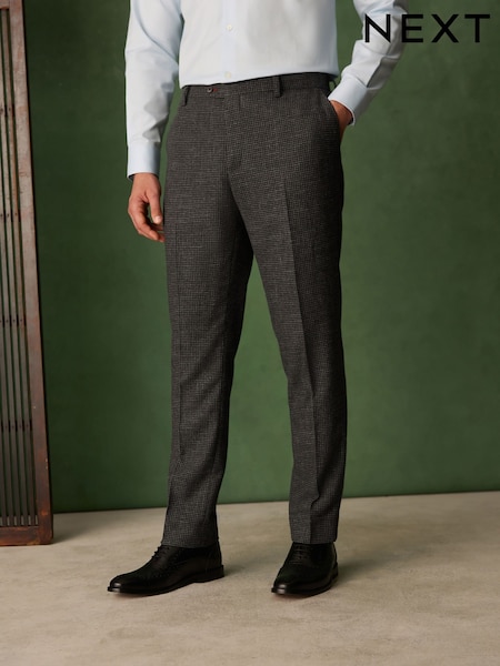 Charcoal Grey - Regular Tailored Fit Trimmed Dogtooth Wool Blend Suit Trousers