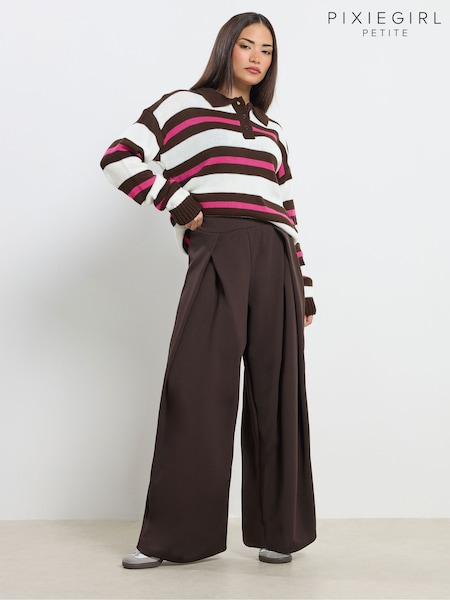 PixieGirl Petite Brown Scuba Wrap Pleated Wide Leg Trousers (V45700) | £34