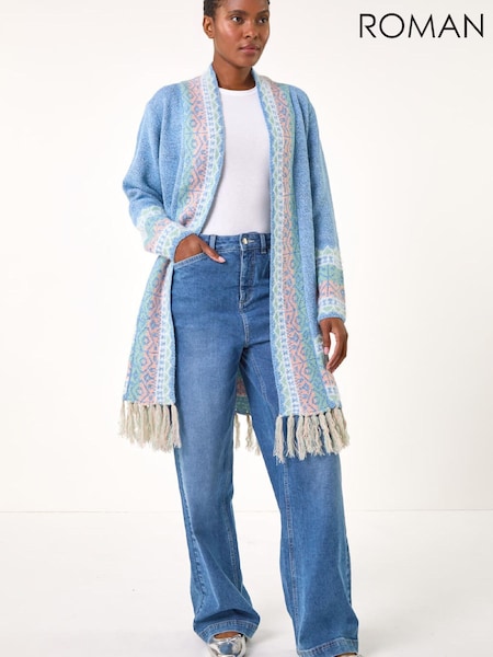 Roman Blue Patterened Fringe Cardigan (V46062) | £50