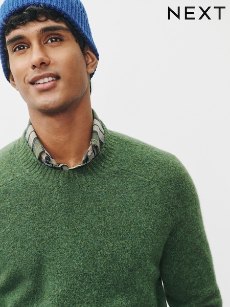 Green - Regular Relaxed Fit Cosy Crew Neck Jumper With Wool