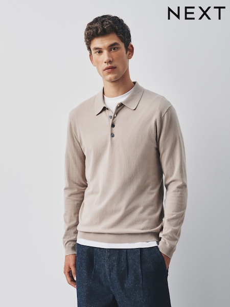 Neutral - Regular Long Sleeve Knitted Polo Shirt