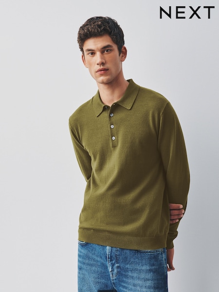 Olive Green - Regular Long Sleeve Knitted Polo Shirt