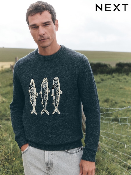 Blue - Regular Sardine Graphic Crew Neck Jumper With Wool