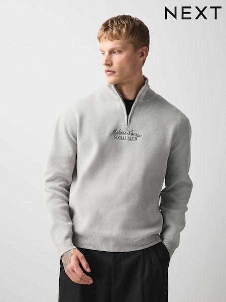 Light Grey Graphic - Regular Chenille Zip Neck Jumper