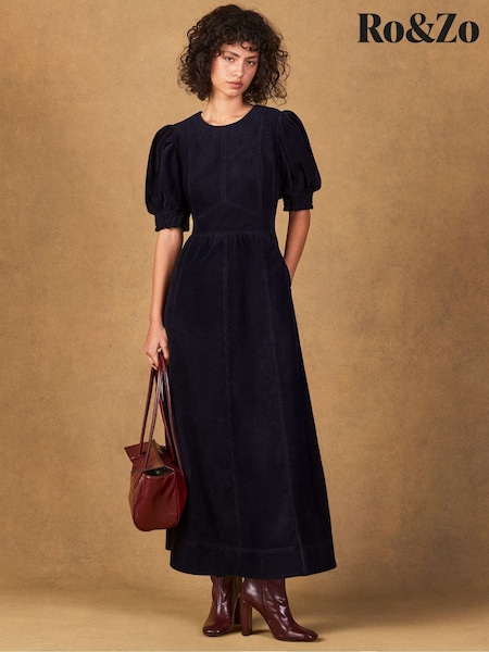 Ro&Zo Blue Cord Puff Sleeve Midi Dress (V46397) | £139