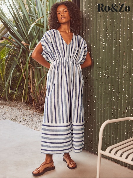 Ro&Zo Blue Petite Stripe Linen Blend Tie Waist Dress (V46406) | £129