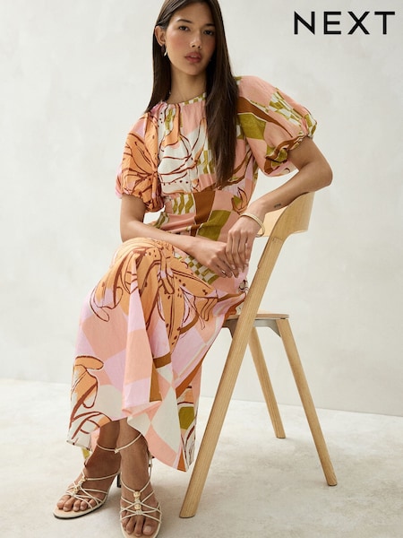Orange Floral Print - Puff Sleeve Midi Dress