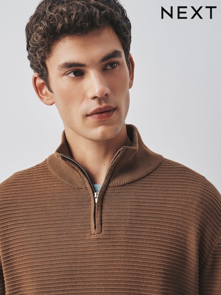 Brown - Regular Textured Quarter Zip Neck Jumper