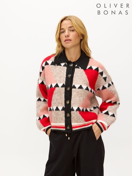 Oliver Bonas Natural Geometric Button Up Knitted Bomber Jacket (V46920) | £85